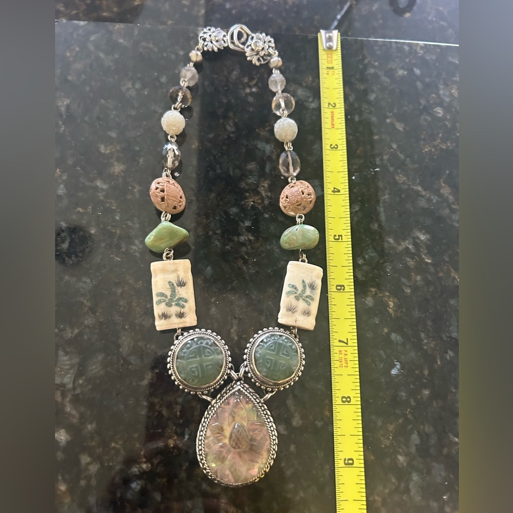 Stephen Dweck Hand Carved One of a Kind Sterling Silver Quartz Jade Necklace